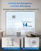 A window cleaning robot is shown on a large window, with text overlays describing its features and performance. Produktbild-Vorschau
