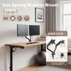 A desk setup with a dual monitor mount, keyboard, mouse, and an exercise ball. Produktbild-Vorschau