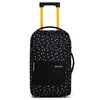 A black trolley bag with a white and gold polka dot pattern and a black front pocket with a gold logo.