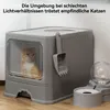 A cat is sitting inside a gray litter box next to a water dispenser. Produktbild-Vorschau