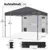 A diagram showing the dimensions of a pop-up canopy tent, with a folded version of the tent shown below. Produktbild-Vorschau