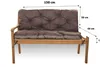 A brown garden bench cushion on a wooden bench, with dimensions indicated. Produktbild-Vorschau
