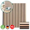 A panel of wood-look acoustic panels with black slats, shown with a circular inset image of a room and several certification badges. Produktbild-Vorschau