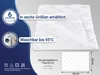 A white quilted blanket is shown with informational text and icons on a blue and white background. Produktbild-Vorschau