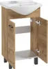 A bathroom vanity with a sink and cabinet doors open. Produktbild-Vorschau
