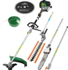 A collection of garden tools, including a string trimmer, hedge trimmer, chainsaw, and a saw blade, arranged on a white background. Produktbild-Vorschau