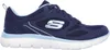 A side view of a navy blue Skechers sneaker with light blue accents and a white sole. Produktbild-Vorschau