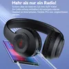 A pair of black headphones is shown connected to a smartphone via an AUX cable, with text overlays describing its features. Produktbild-Vorschau