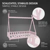 A pink wooden tipi-style children's bed with informational callouts highlighting its features. Náhľad obrázku produktu