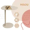 A beige side table with a notebook on top, surrounded by graphic elements and text. Produktbild-Vorschau