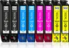 A row of eight ink cartridges, each labeled with its color and model number. Produktbild-Vorschau