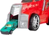 A toy truck transporter with a toy car partially loaded into it. Voir les images du produit