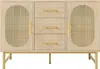 A light wood sideboard with rattan accents and gold metal legs, presented against a white background. Podgląd zdjęcia produktu