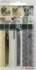 A collage of images showing jigsaw blades and their applications, along with a product packaging. Produktbild-Vorschau