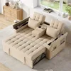 A beige sofa bed is shown in a living room setting, with a window and a dresser in the background. Voir les images du produit