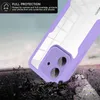 A close-up of a purple phone case with a clear back, shown falling onto a dark, rocky surface. Produktbild-Vorschau