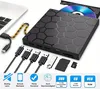 A black external DVD/CD drive with a honeycomb pattern, connected to a laptop via USB-C and USB cables. Several USB drives and memory cards are also shown. Produktbild-Vorschau
