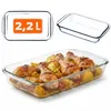 A collage of a glass baking dish, including a close-up of the dish filled with roasted chicken and potatoes, and a separate image of the empty dish with a size label. Produktbild-Vorschau