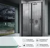 A modern shower enclosure with black frames and textured glass, set against a dark, textured wall. The left side of the image shows a scenic view through a glass panel, with informational icons and text overlays. Produktbild-Vorschau