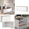 A collage of images showing a white and wood-grain sideboard/cabinet in different angles and settings. Náhled obrázku produktu