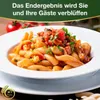 A close-up shot of a bowl of pasta with tomato sauce and herbs, with tomatoes and olive oil bottle in the background. A logo is visible in the bottom left corner. Produktbild-Vorschau