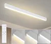 A white LED ceiling light fixture mounted on a white ceiling, with a remote control and three close-up shots of the light's different color temperatures shown below. Podgląd zdjęcia produktu