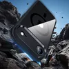 A black iPhone case with a clear back is shown falling amidst rocks, with a blue glow emanating from beneath it. Produktbild-Vorschau