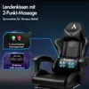 A black gaming chair with informational overlays highlighting its massage features. Produktbild-Vorschau