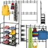 A collage of images showing a black metal coat rack with shoe shelves, displaying various accessories like a yellow backpack, hats, scarves, shoes, boots, and headphones. Produktbild-Vorschau