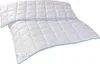 A white quilted comforter with blue trim is laid out on a white background. Produktbild-Vorschau