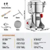 A marketing image showing a stainless steel electric grinder with its accessories and specifications. Náhled obrázku produktu