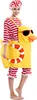 A woman wearing a yellow duck costume with red and white striped accents. Produktbild-Vorschau