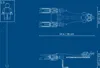 Blueprint-style diagram showing the dimensions of a LEGO Star Wars Anakin's Podracer. Produktbild-Vorschau