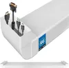 A white cable management channel with various cables plugged into it, shown from a slightly elevated angle. Produktbild-Vorschau