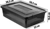 A black plastic storage box with a transparent lid, shown from a slightly elevated side angle. Dimensions are indicated with measurement lines and text. Anteprima dell’immagine prodotto