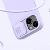 A close-up shot of the back of a purple iPhone case, showing the camera module and a sliding cover. Produktbild-Vorschau