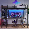 A gaming loft bed setup with a desk, chair, and computer equipment, illuminated by LED lighting. Podgląd zdjęcia produktu