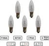Five clear candle-shaped light bulbs with silver bases are arranged in two rows on a white background. Below the bulbs are several rectangular text boxes with product specifications and icons. Produktbild-Vorschau