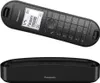 A black Panasonic cordless phone and its charging base are displayed against a white background. Produktbild-Vorschau