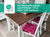 A dining table with chairs and seat cushions, with a certification label overlaid. Produktbild-Vorschau