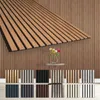 A collage of different wood paneling samples and a large sample of teak wood paneling against a background of vertical wood slats. Produktbild-Vorschau