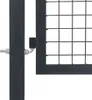 A close-up view of a dark gray metal garden gate hinge connecting to a gate post. The gate itself has a black wire mesh infill within a dark gray metal frame. Podgląd zdjęcia produktu