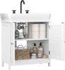 A white bathroom vanity cabinet with a white sink and black faucet, showing storage inside. Produktbild-Vorschau
