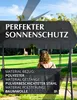 A woman sits on a swing chair in a park, with text overlays describing the product. Produktbild-Vorschau