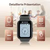 A smartwatch is displayed prominently in the center, surrounded by informational graphics highlighting its features. In the background, blurred figures of people are visible, suggesting a social or professional setting. Náhled obrázku produktu