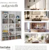 A collage showcasing a white bookshelf filled with books and decorative items, interspersed with images of different rooms (dining room, living room, kitchen, bedroom) to demonstrate the bookshelf's versatility. Náhled obrázku produktu