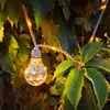 A vintage-style LED light bulb with warm white lights, hanging from a hemp rope intertwined with green leaves. Produktbild-Vorschau
