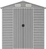 A front view of a gray metal garden shed with double doors and two vents on the roof. Náhled obrázku produktu