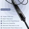 Close-up of the inline remote control for headphones, with text explaining its functions. Voir les images du produit