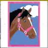 A cartoon-style illustration of a horse's head with a pink halter against a blue sky with white clouds. Anteprima dell’immagine prodotto